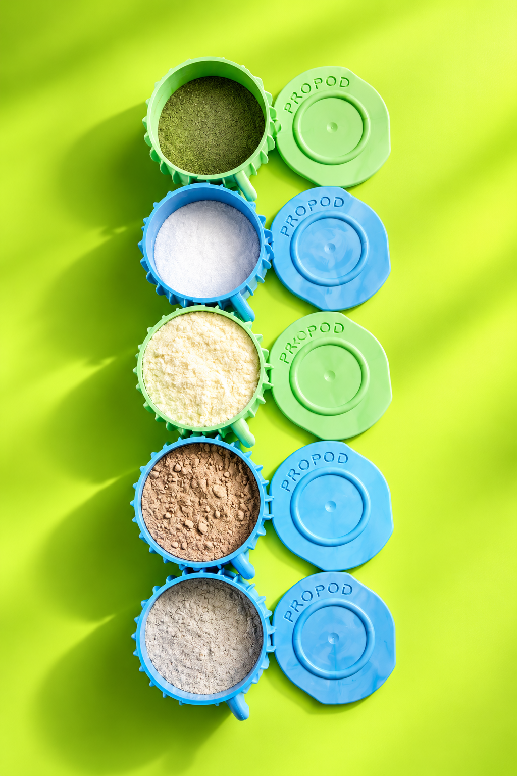 Propod pods filled with greens, creatine, protein and pre-workout powders
