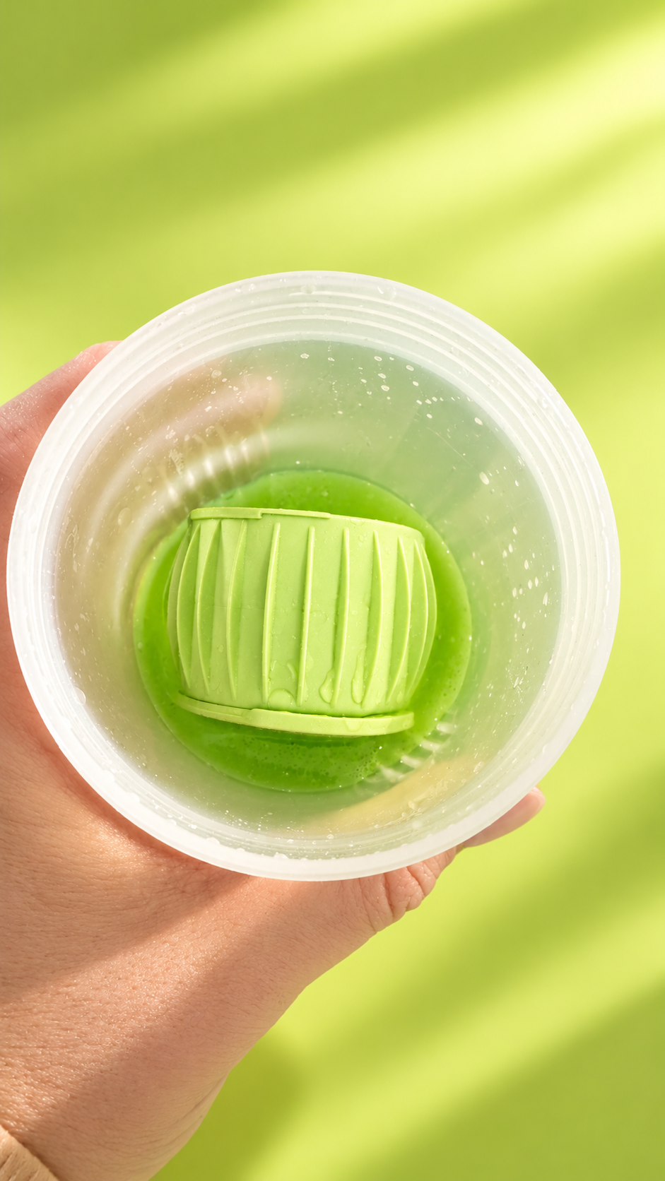 A lime Propod pod sitting in a shaker cup of greens